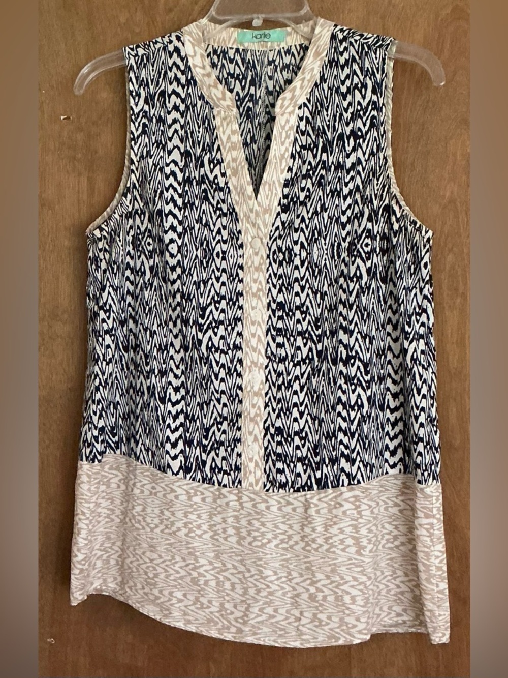 Karlie Contemporary Women Sleevless TunicTop Blue/White/Tan Abstract Geometric S